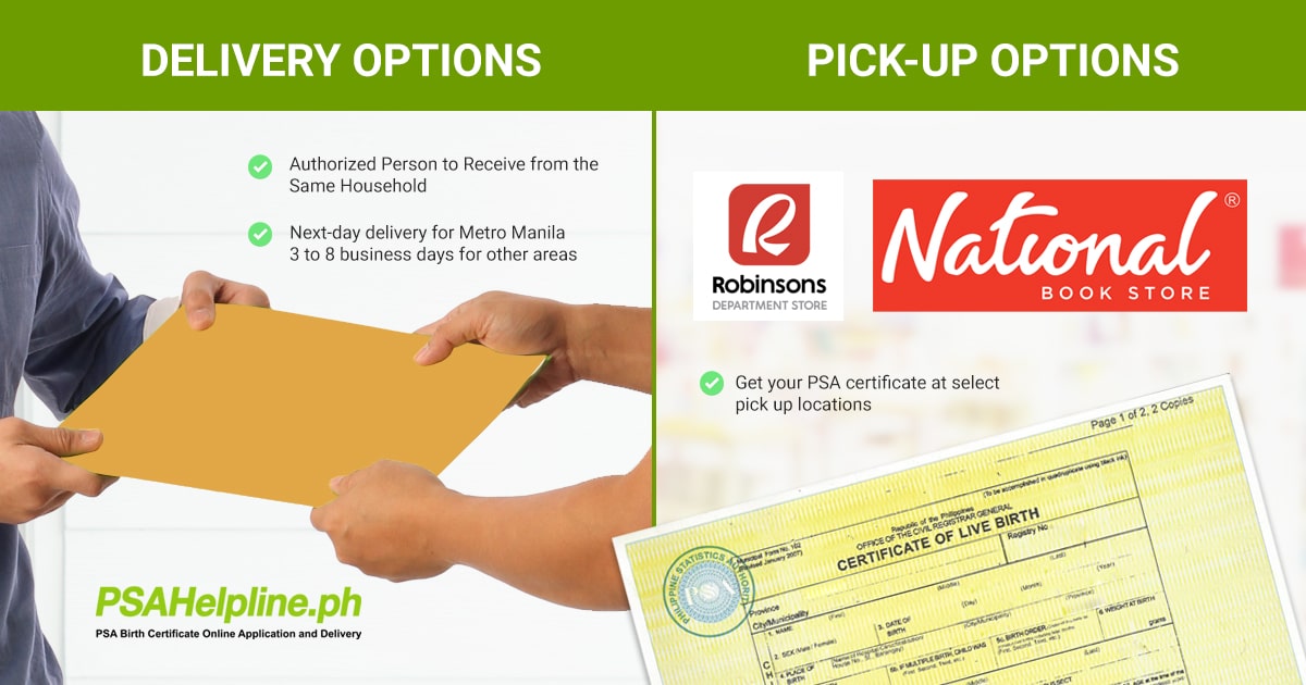 PSAHelpline.ph delivery options: Door-to-door delivery or pick up at designated partner locations nationwide